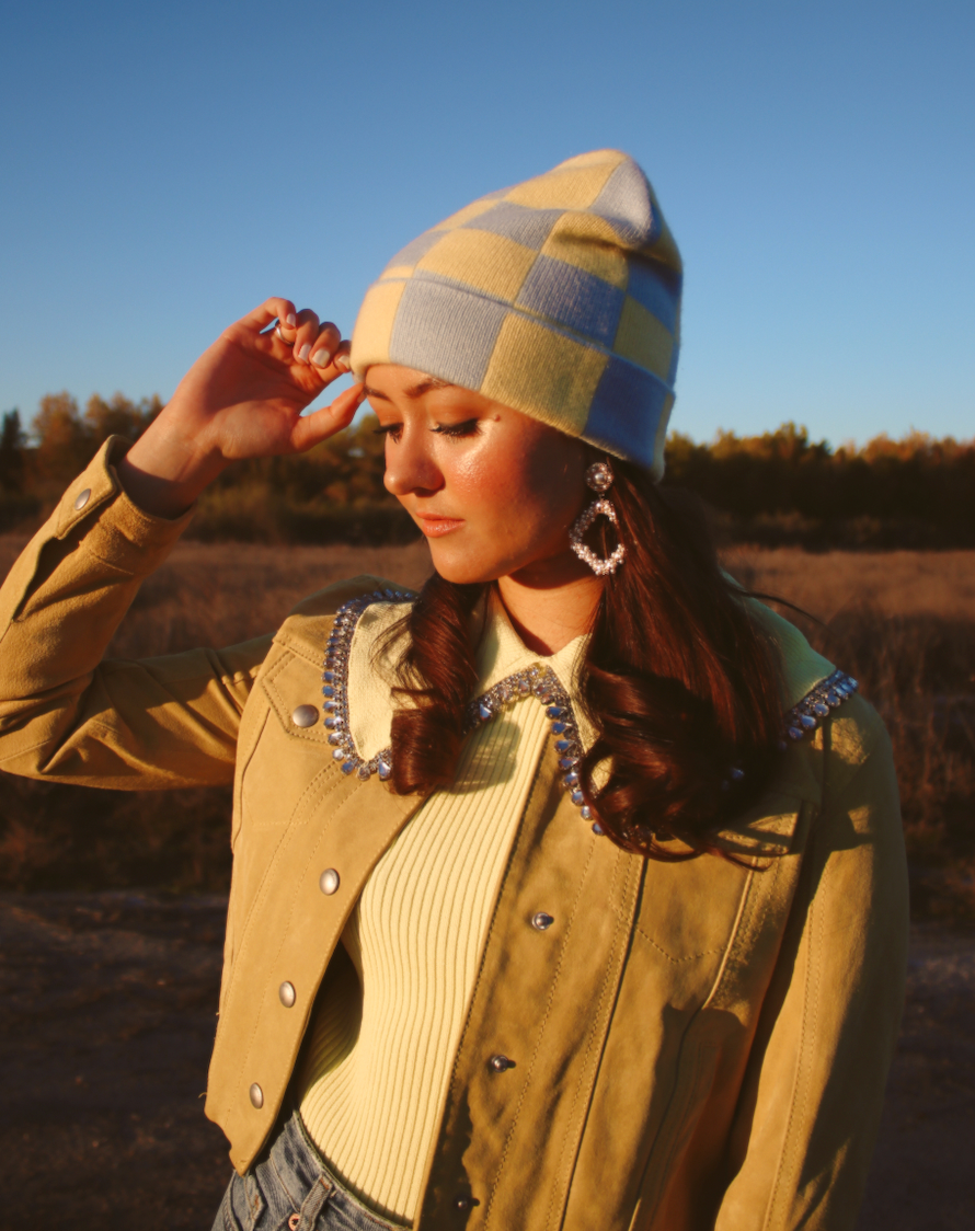 Blue and Yellow Checked Beanie